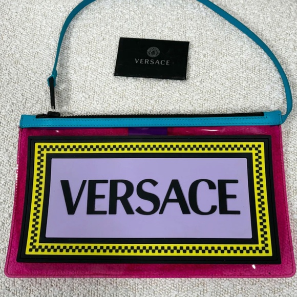Versace Handbags - Authentic Versace Multicolour Rubber Calfskin 90s Logo Zip Pouch Bag